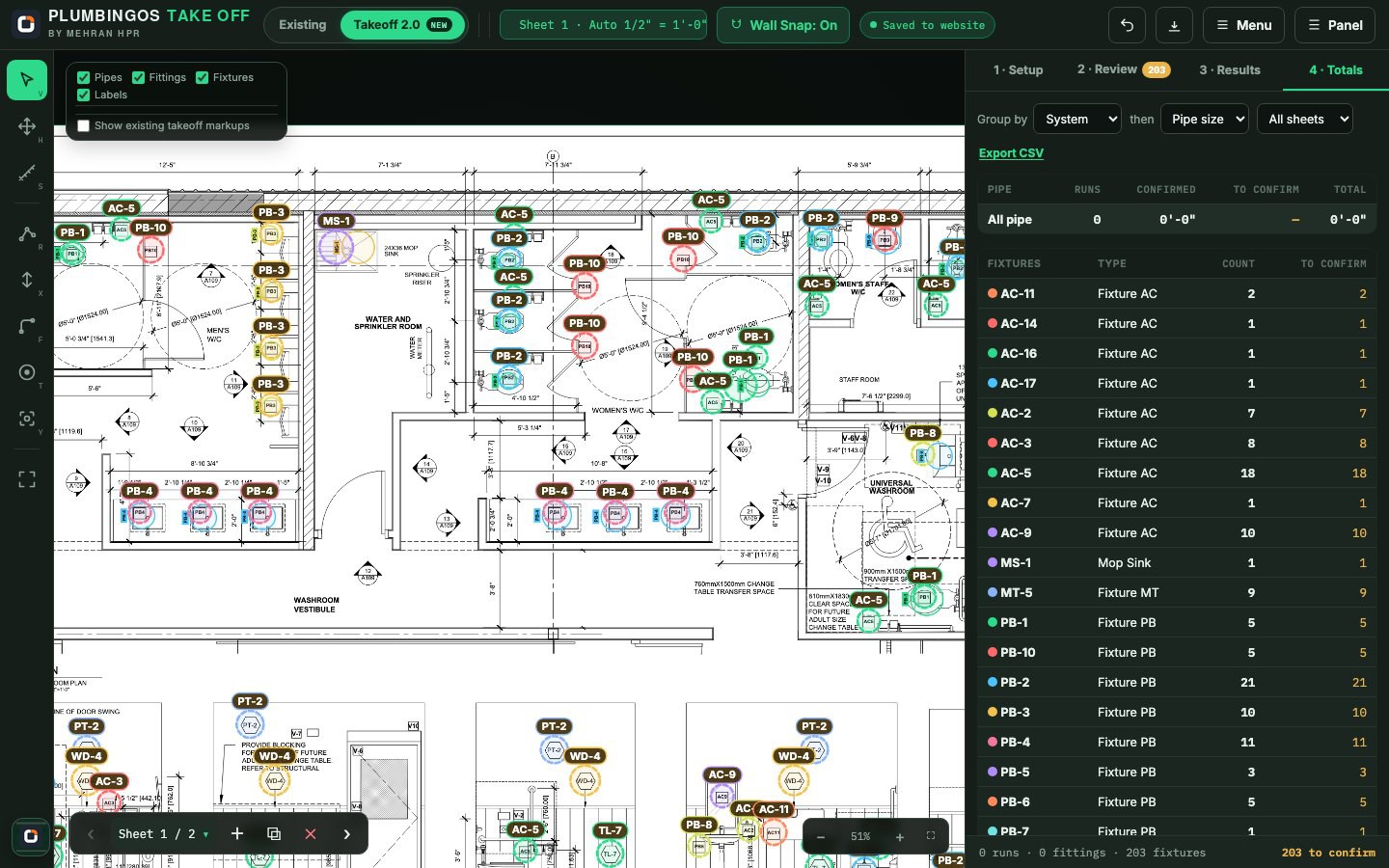 PlumbingOS Take Off showing a floor plan with detected fixtures, pipe runs and a priced fixture list